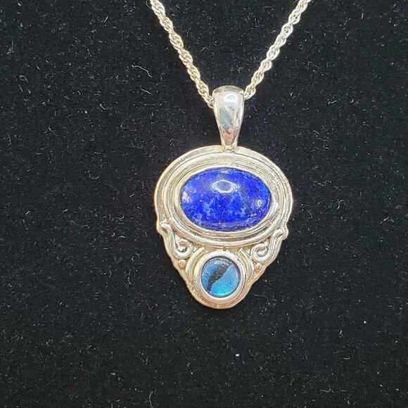 JC Sterling Silver 925 Blue Lapis Lazuli & Opal Pendant Necklace 18" Chain - Picture 13 of 16